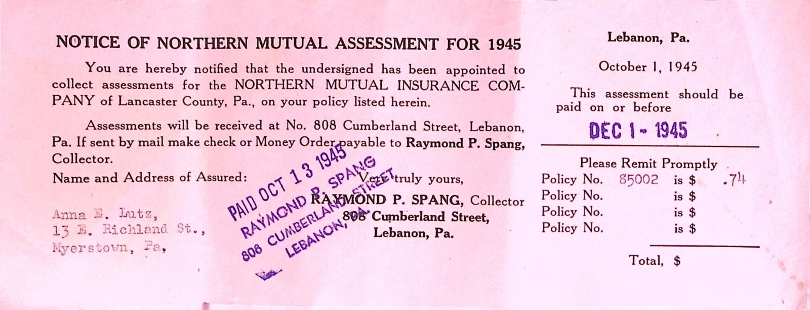 1945 Northern Mutual Insurance Assessment Notice Pink Paper Pennsylvania