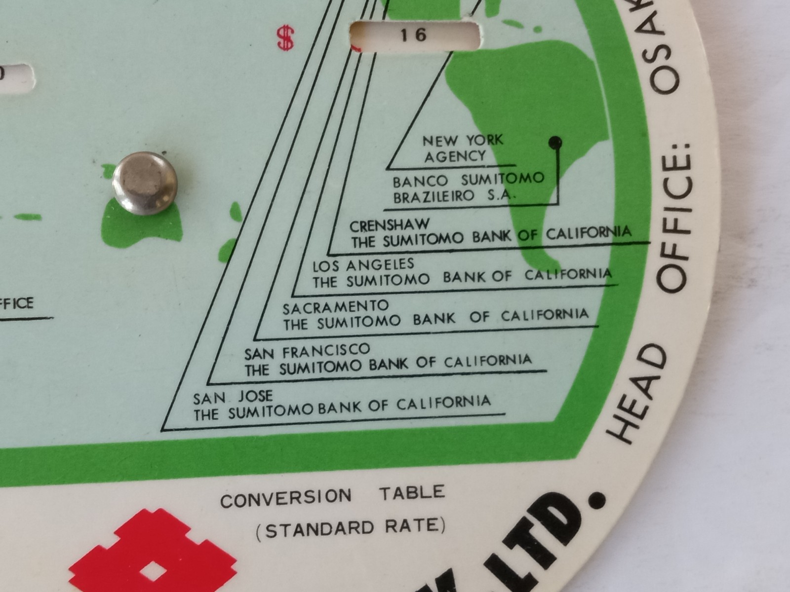 SUMITOMO BANK Japan Mechanical Wheel Yen to Dollars & World Time Zones PREMIUM