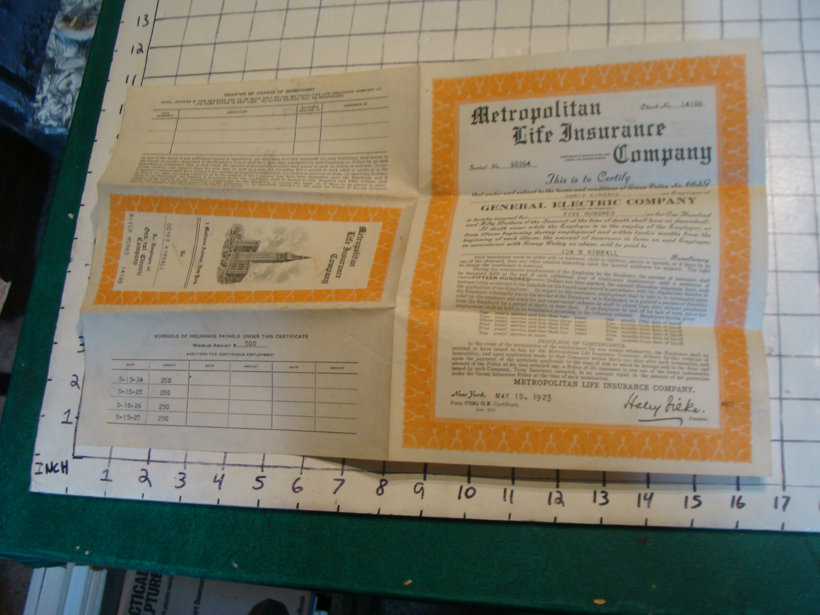 vintage Early paper: 1923 GENERAL ELECTRIC employee $500 insurance IDA KIMBALL