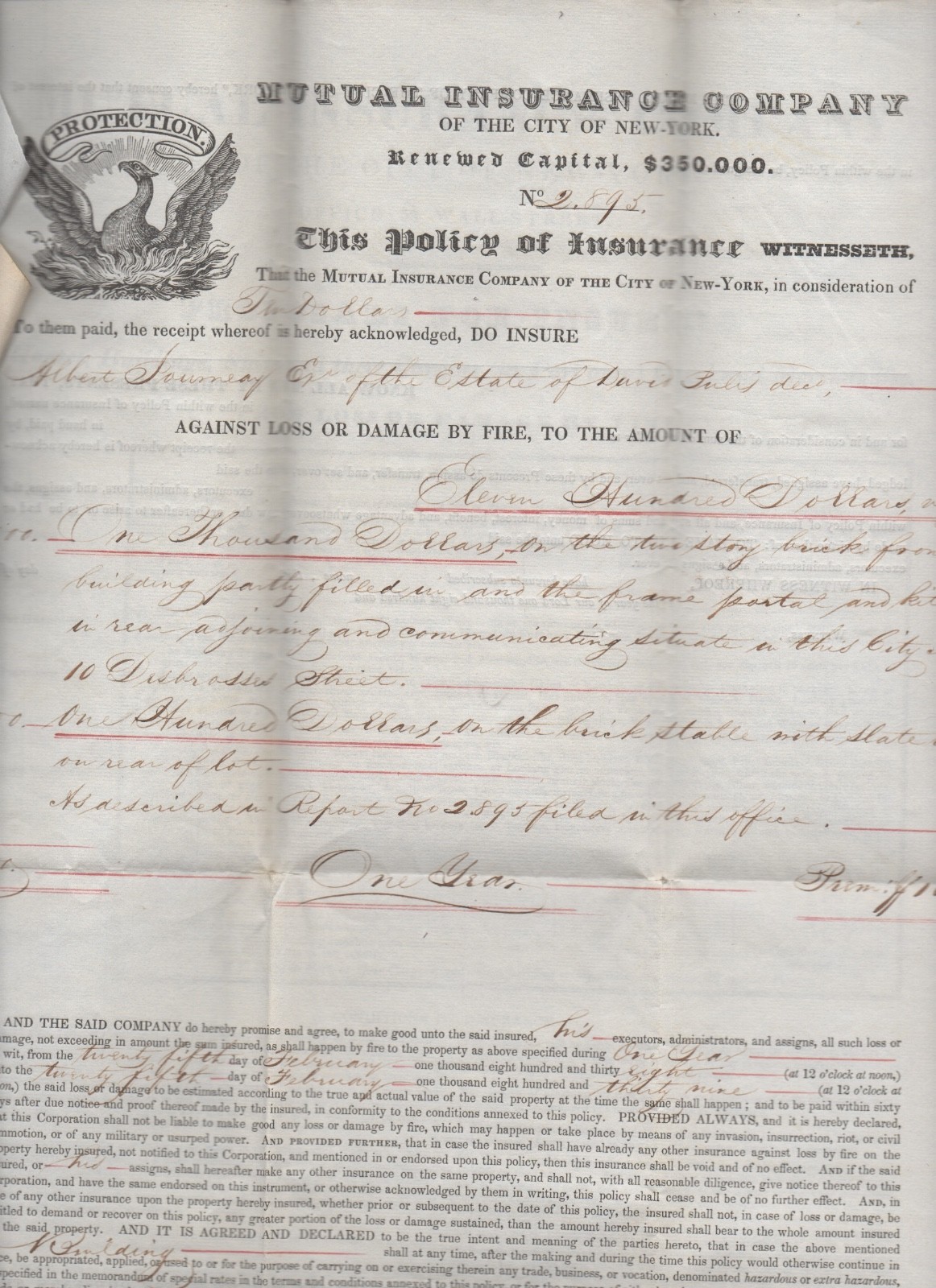 1838 Mutual Insurance Company Policy City of New York