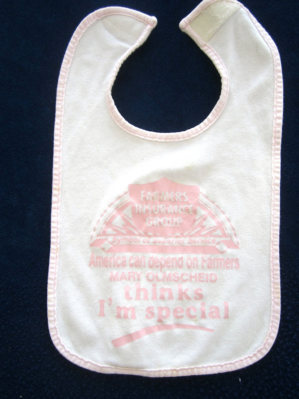 Vintage Gerber Baby Child’s Bib Farmers Insurance Group Pink Mary Olmscheid