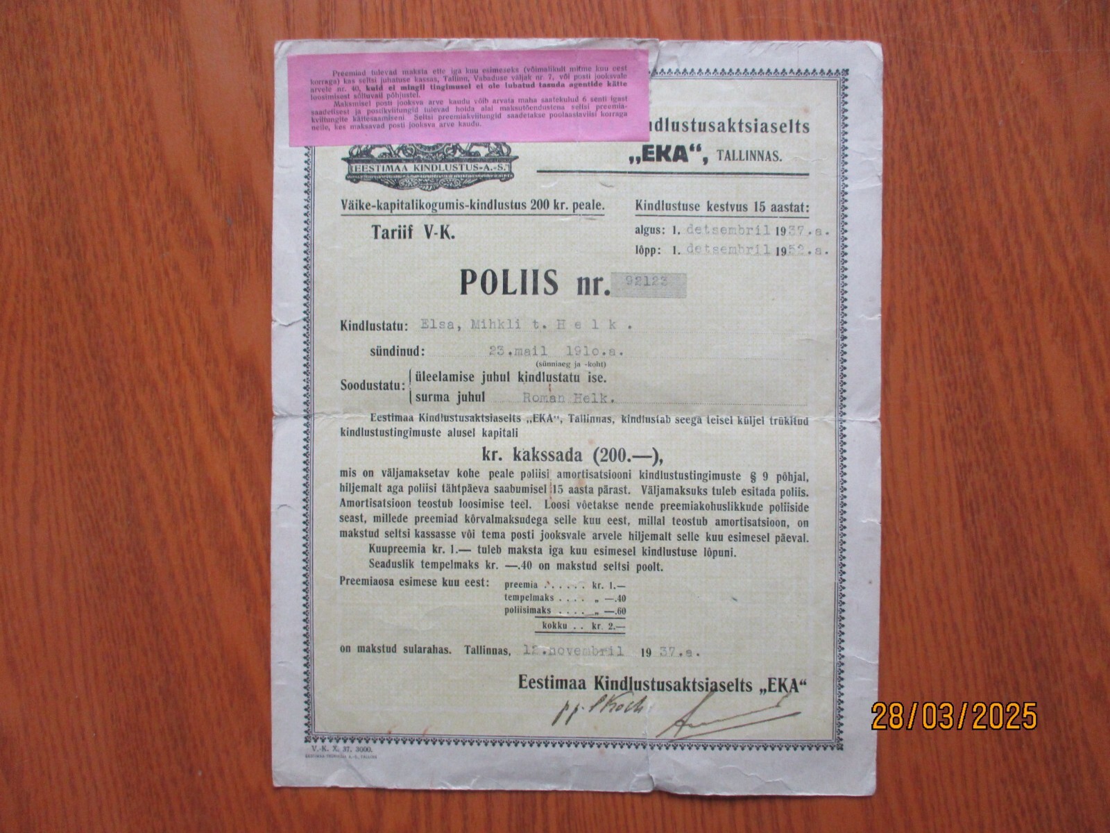 1937 ESTONIA EKA INSURANCE POLICY