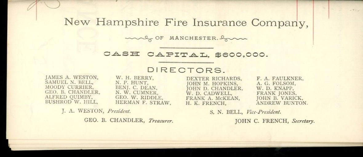 1889 New Hampshire Fire Insurance Company of Manchester Policy