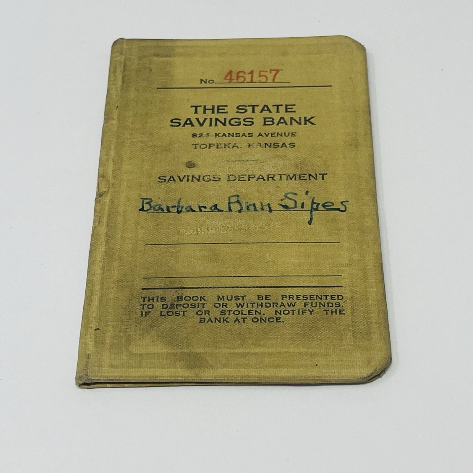 1954 The State Savings Bank Topeka Kansas Account Book