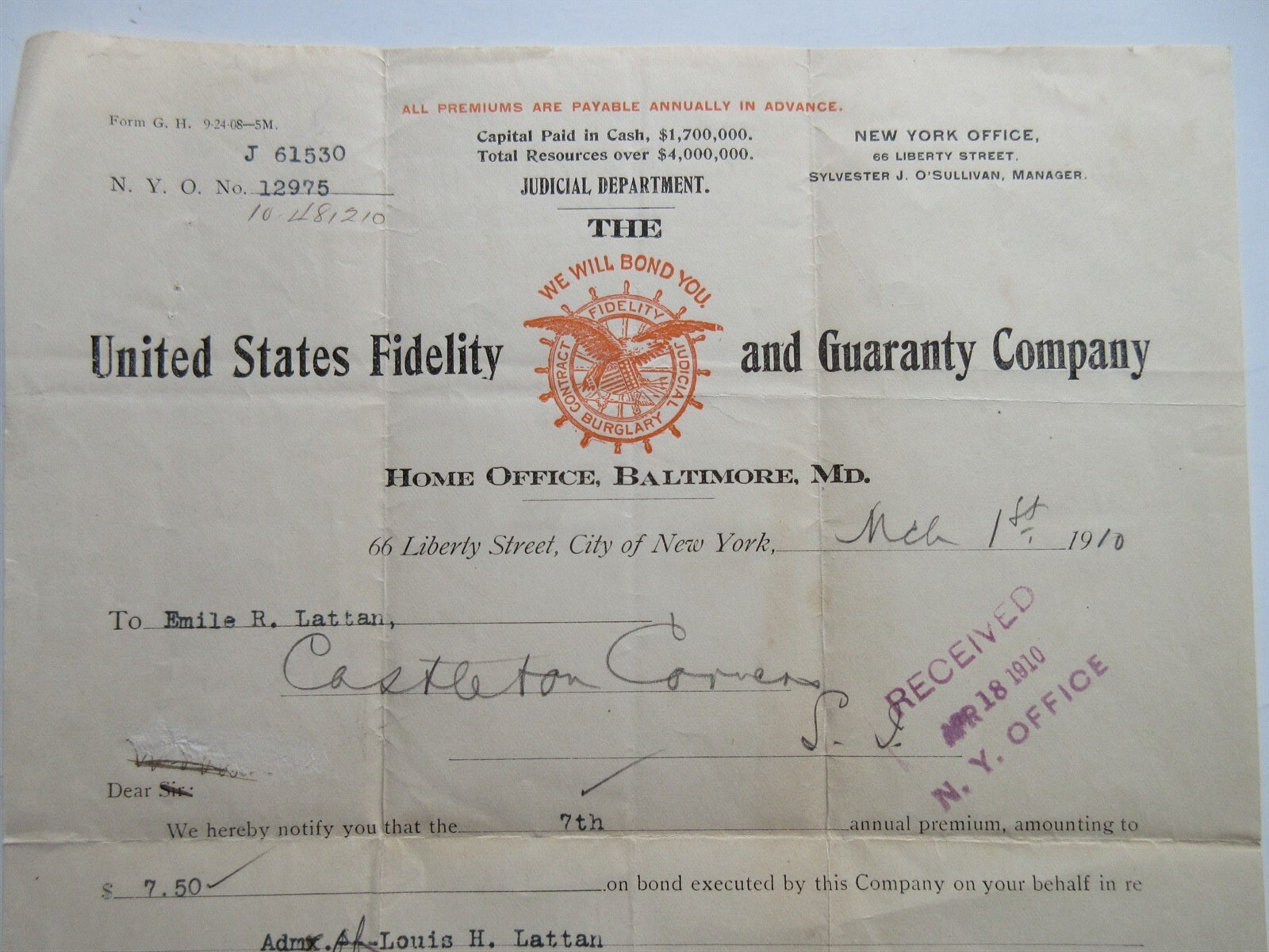 1910 Illustrated Letterhead. United States Fidelity Guaranty Co., Baltimore, Md