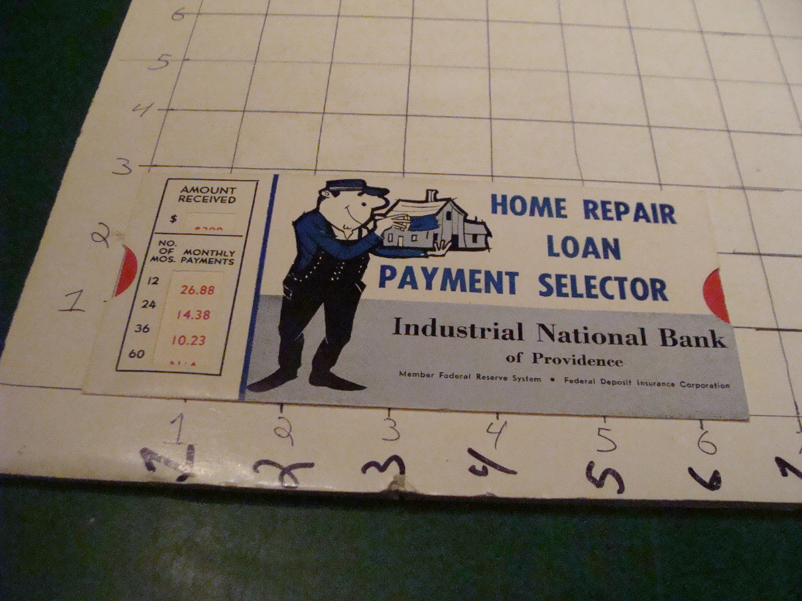 vintage paper: HOME REPAIR SLIDE RULE industrial national bank, 1961 date on bac