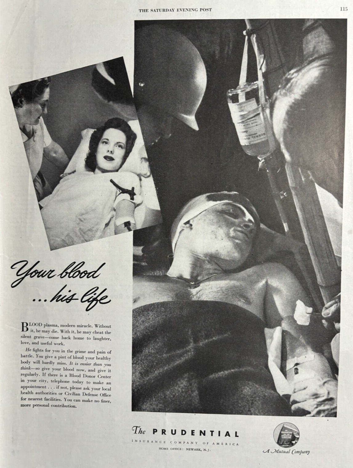 1943 Prudential Insurance Co America Newark NJ Blood Plasma WWII VTG Print Ad