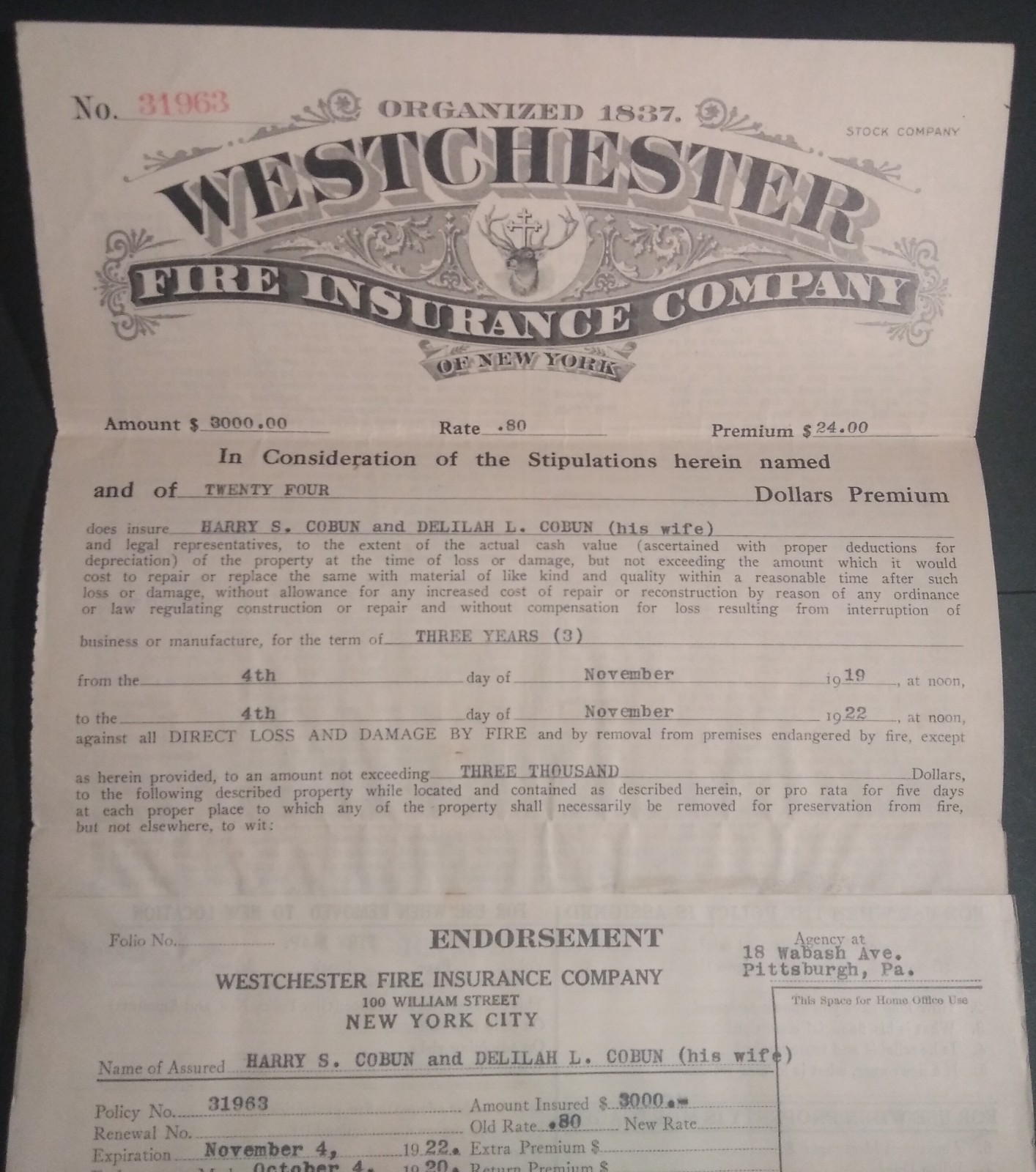 Rare Antique 1922 Westchester Fire Insurance Co. Of New York Policy
