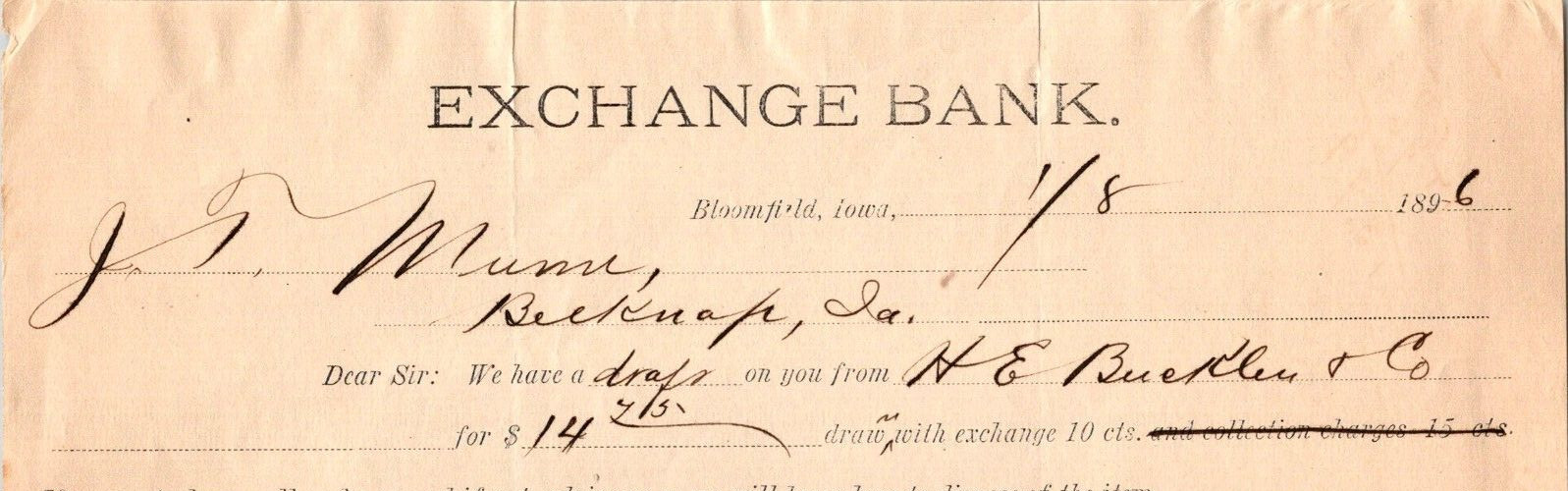 1896 Exchange Bank Draft Paper Ephemera MUMM BLOOMFIELD IA Belknap IA