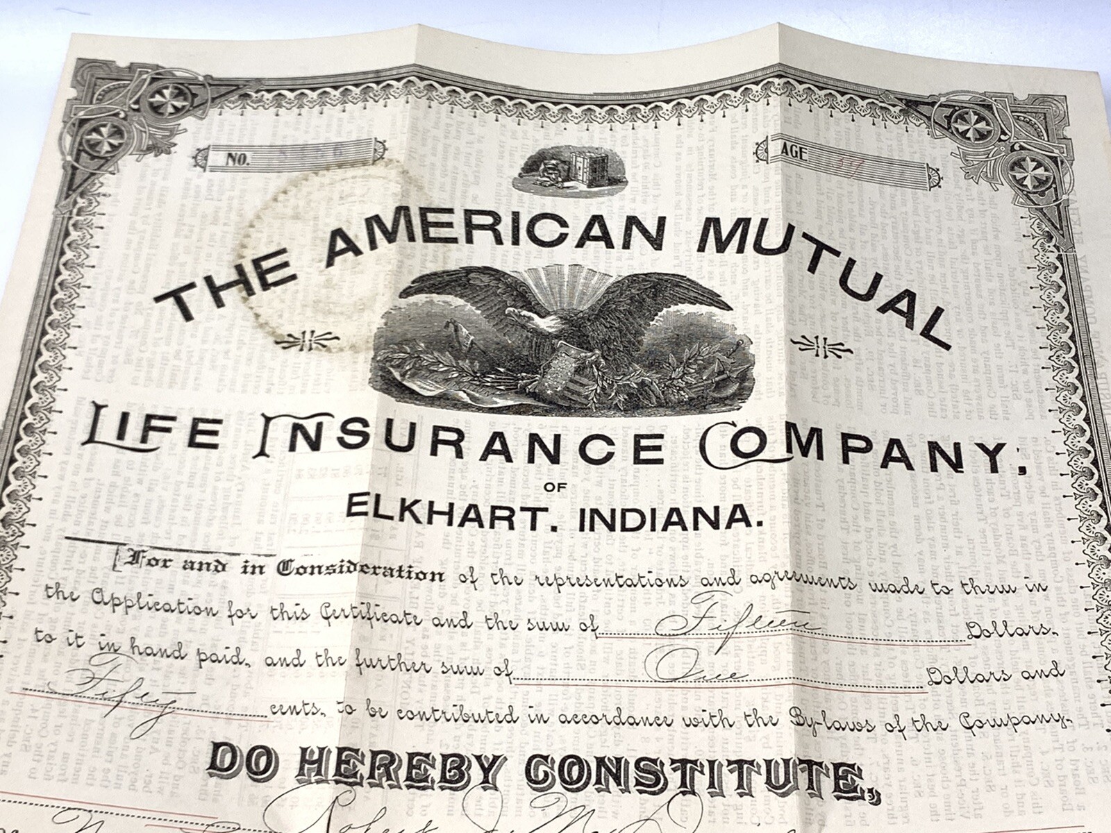1894 Engraved Insurance Policy American Mutual Life Insurance Elkhart Indiana