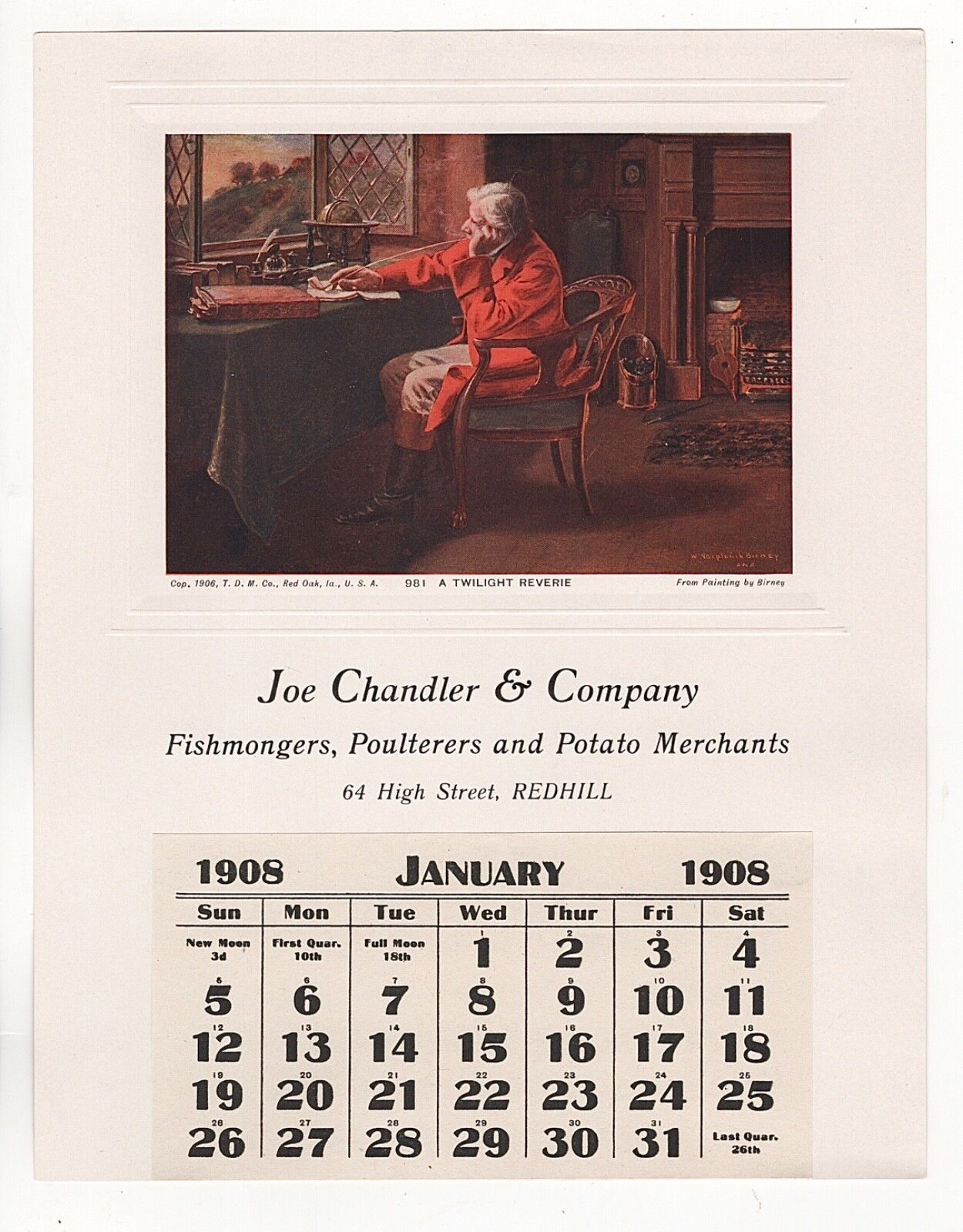 1908 JOE CHANDLER CO CALENDAR FISHMONGERS POTATO MERCHANTS HIGH ST REDHILL