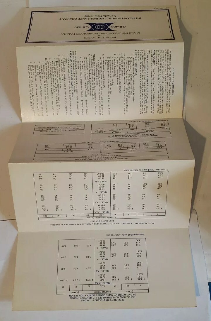 Intercontinental Life Insurance Company Newark NJ Premium Rate Cards 1970s