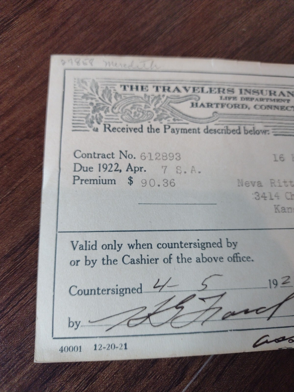 1922 Traveler’s Insurance Life Department Hartford Ct Kansas City Bill Receipt