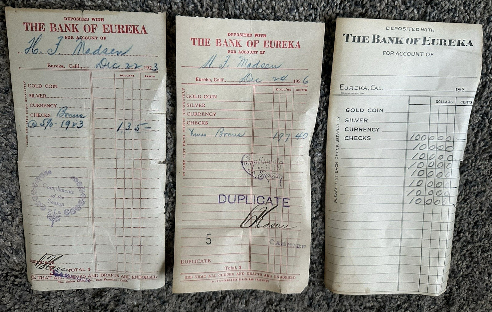 BANK OF EUREKA Ca 1920’s 1930’s 1940’s HUMBOLT COUNTY Signed CASHED Check 1889