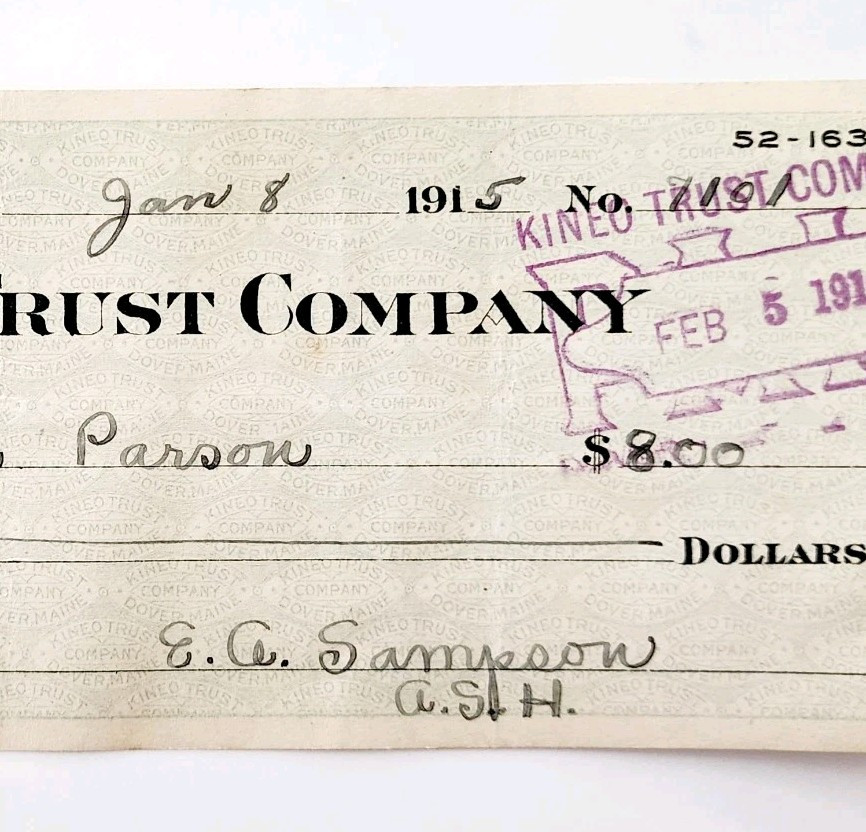 1915 Kineo Trust Company Bank Check E.A. Sampson Dover Maine Signed 1101 CHX13