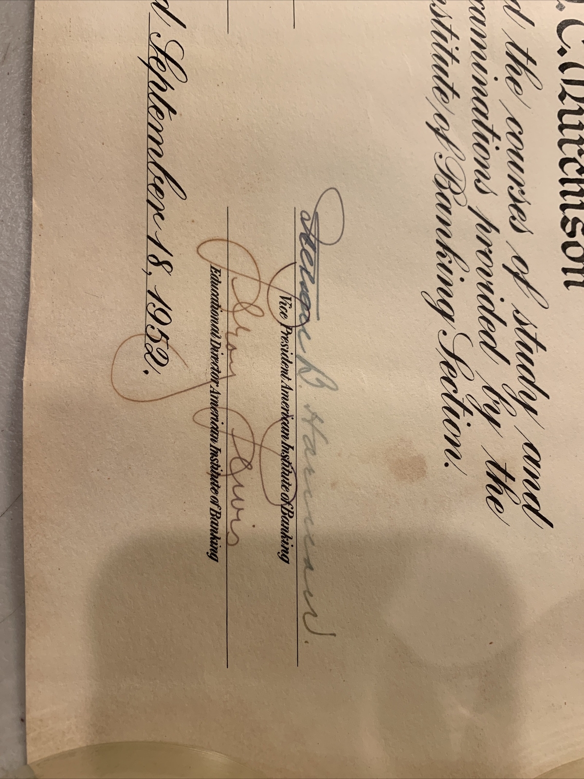 Vintage 1952 American Institute of Banking Bank GRADUATE Certificates Diploma