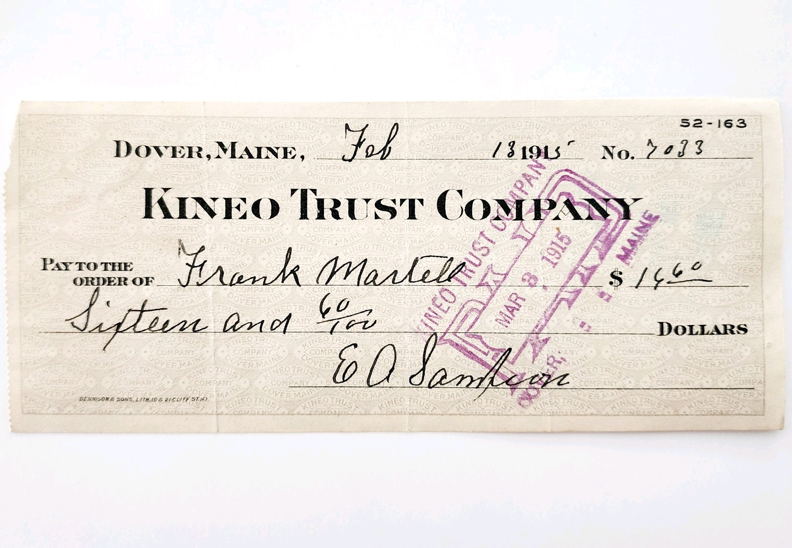 1915 Kineo Trust Company Bank Check E.A. Sampson Dover Maine Signed 7033 CHX13