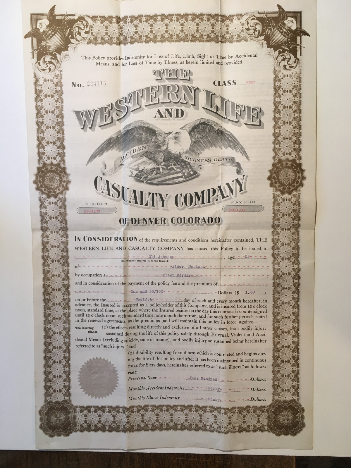 WESTERN MUTUAL LIFE INSURANCE ALDER MONTANA OFC DENVER COLORADO SHEEP HERDER