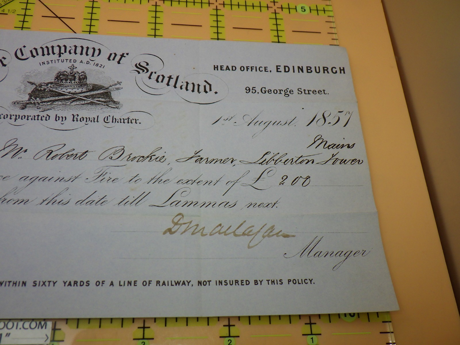 1857 Insurance Company of Scotland Fire Receipt Liberton Tower Mains Edinburgh