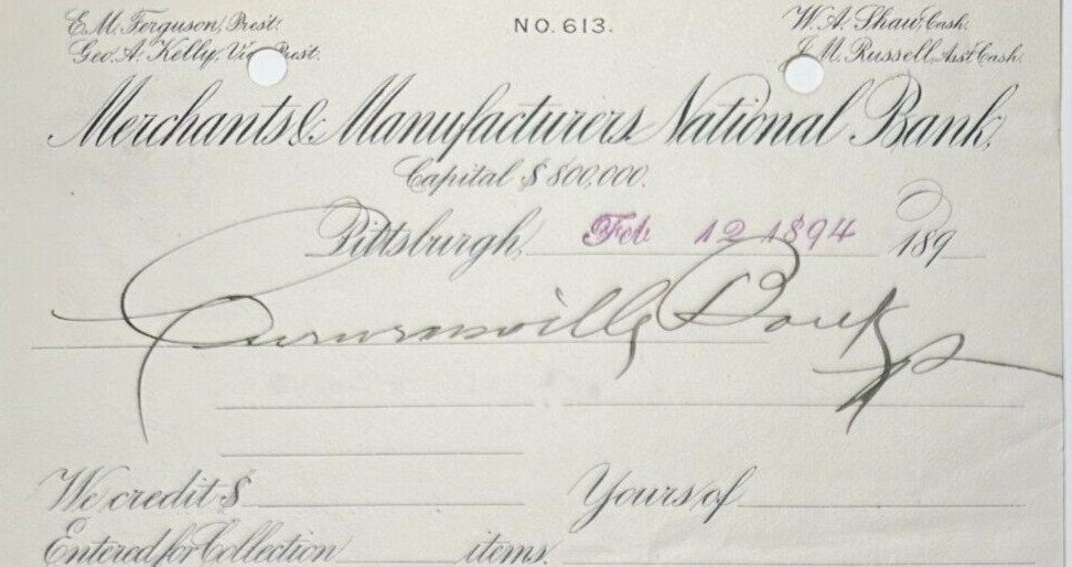 1894 Merchants & Manufacturers National Bank PITTSBURGH PA Curwensville Bank