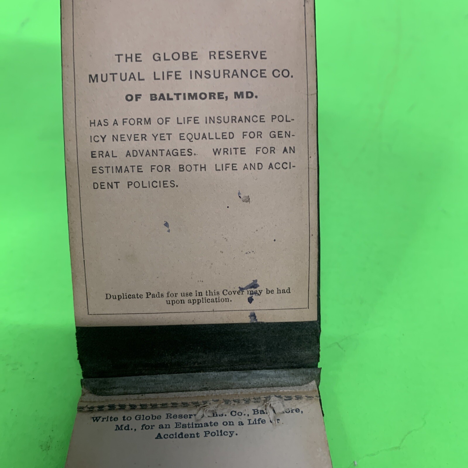 1889 Globe Reserve Ins. Co. Notepad small Baltimore MD