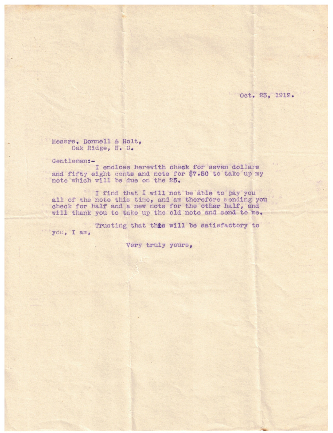 VTG 1912 BOUNCED PROMISSORY NOTE! THE BANK OF KERNERSVILLE, NC~JI CASE THRESHING