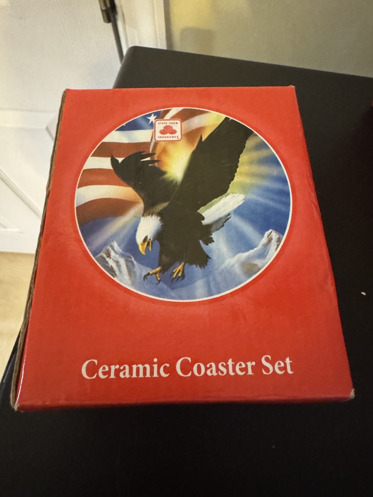 State Farm Insurance CERAMIC Drink Coaster Set Eagle & American Flag – w/Box