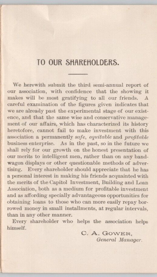 1891 Lansing MI Capitol Investment Building & Loan Association Report