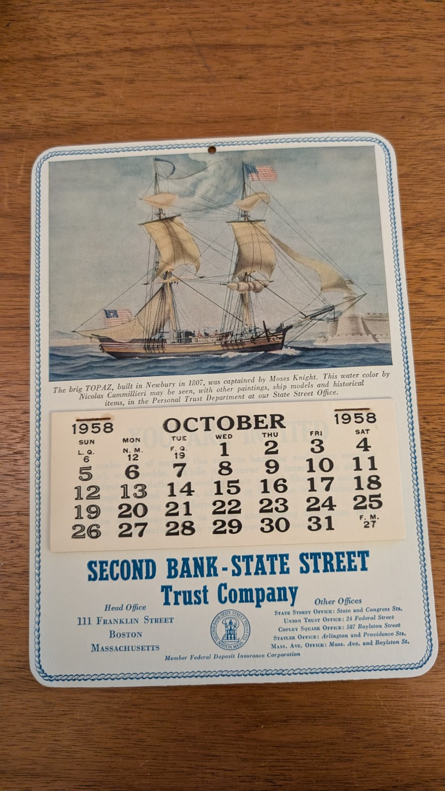 Second Bank-State Street 1959 Calendar TOPAZ Newbury Massachusetts Near Mint