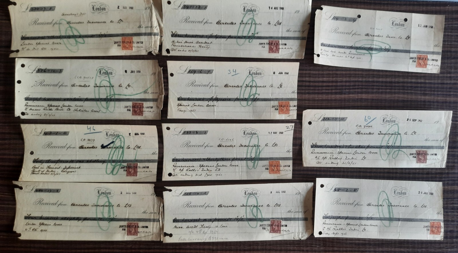 HERCULIS INSURANCE CO LTD 1952 11 LOT OF PREMIUM RECEIPT LONDON