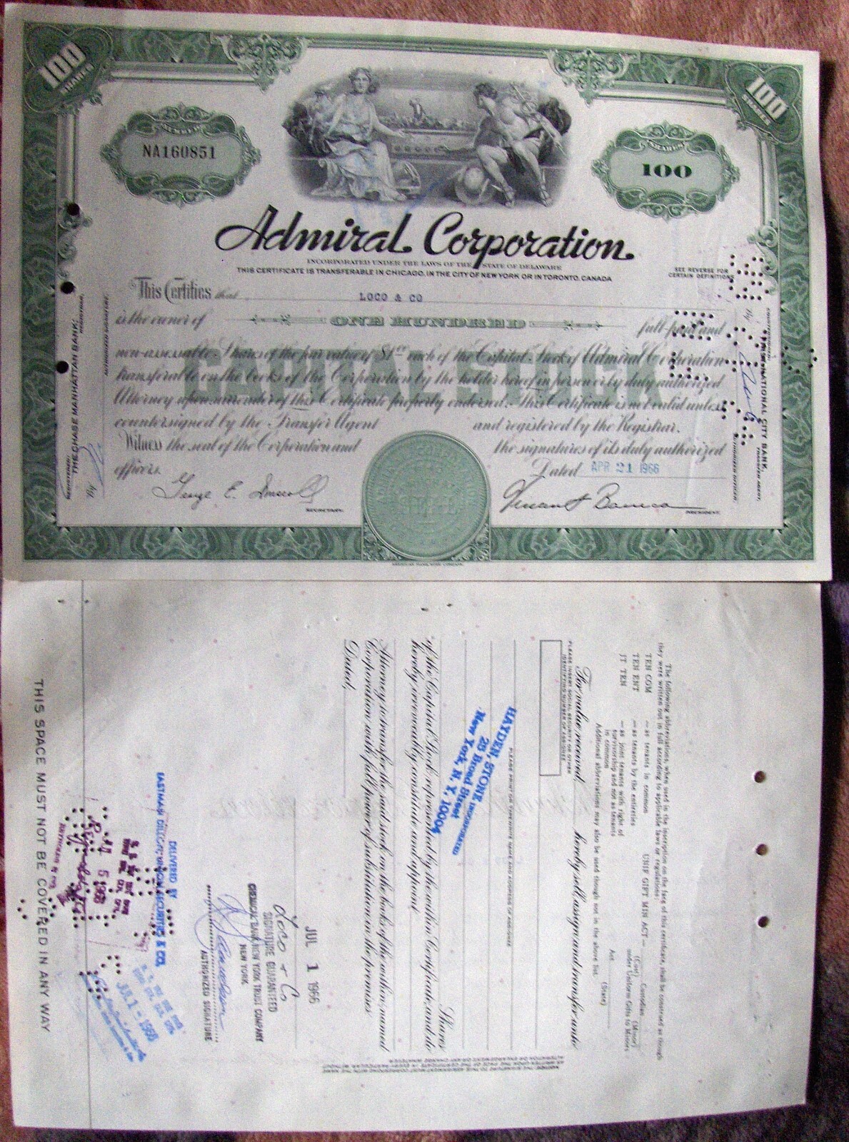 Admiral Corporation stock certificate Payee LOCO & Co 1966.