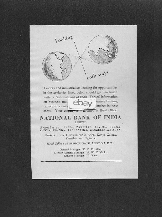 NATIONAL BANK OF INDIA LIMITED 1951 BRANCHES IN ADEN-KENYA-UGANDA-BURMA AD