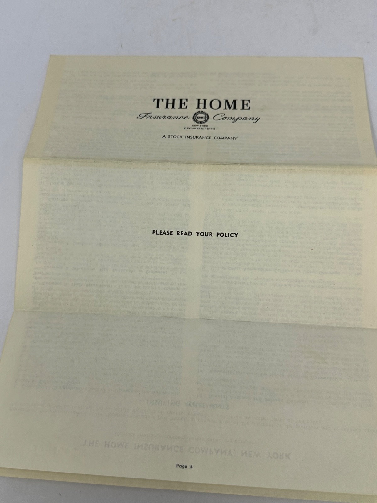 Vintage 1955 Home Insurance Co. Auto Insurance Policy for 1956 Harley Davidson