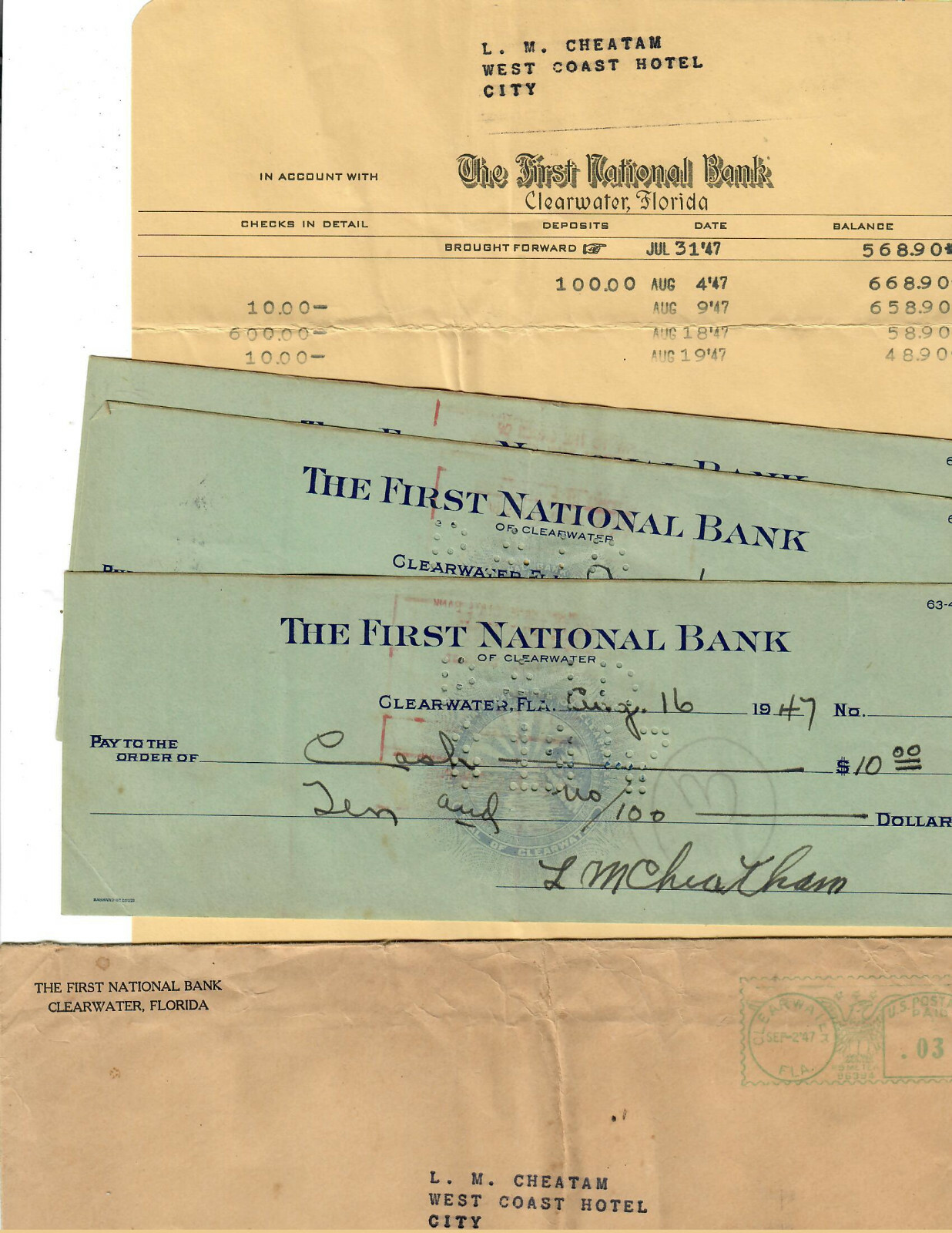 Clearwater, FL, The First National Bank 1947 Bank Statement with 3 checks