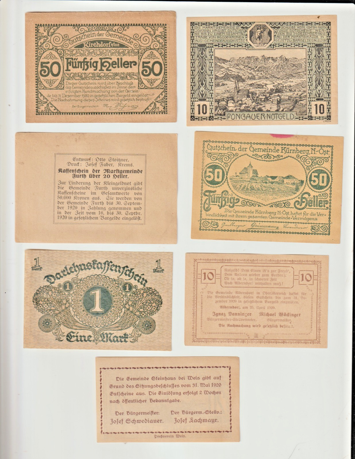 1920 Inflation Period AUSTRIA NOTGELD Collection of 7 different, VF Condition