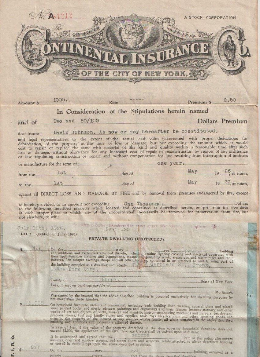 Continental Insurance Co. NYC~Fire Policy 1926~Great Logo