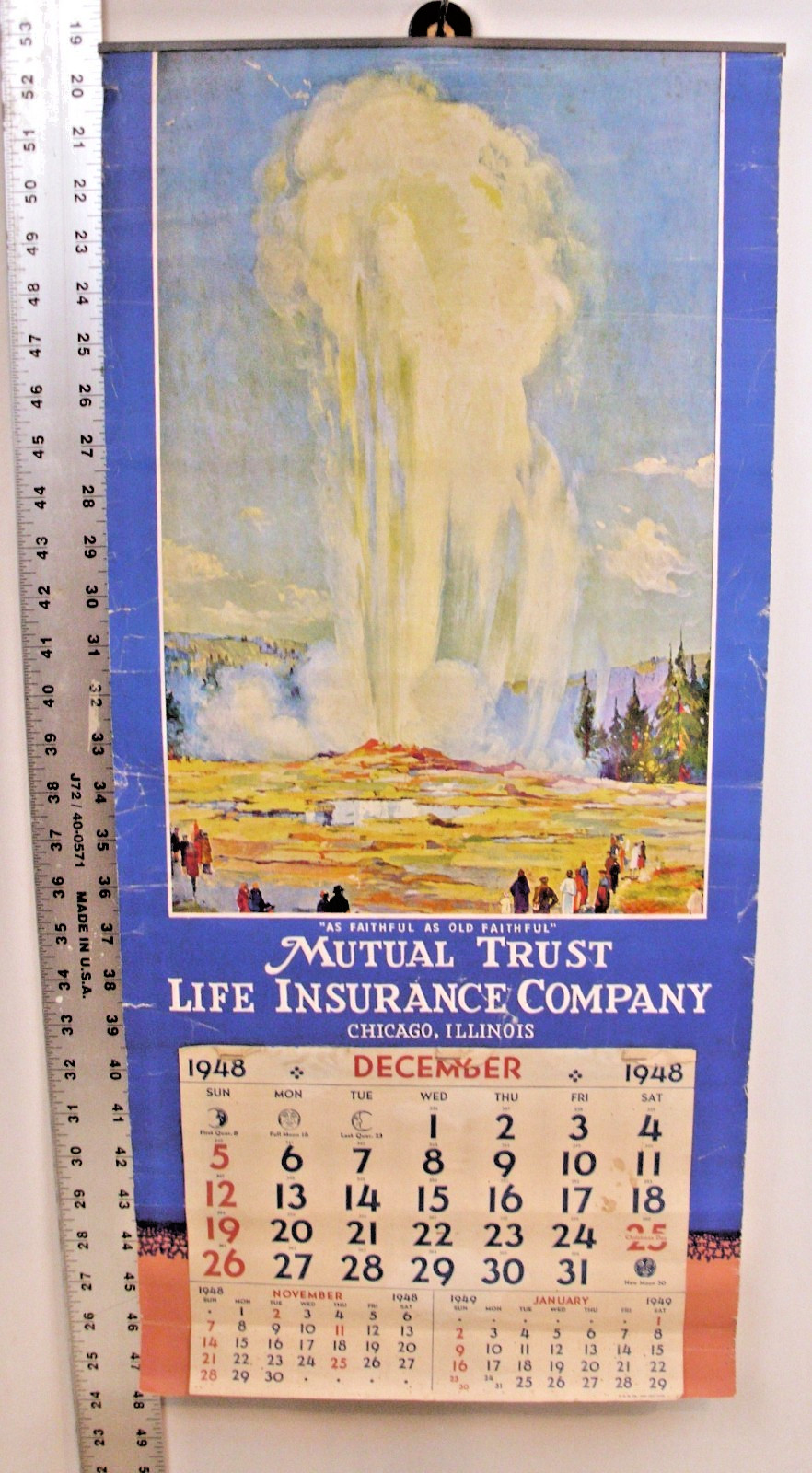 MUTUAL TRUST LIFE INSURANCE CO. OLD FAITHFUL 1948 WALL CALENDAR SIGN