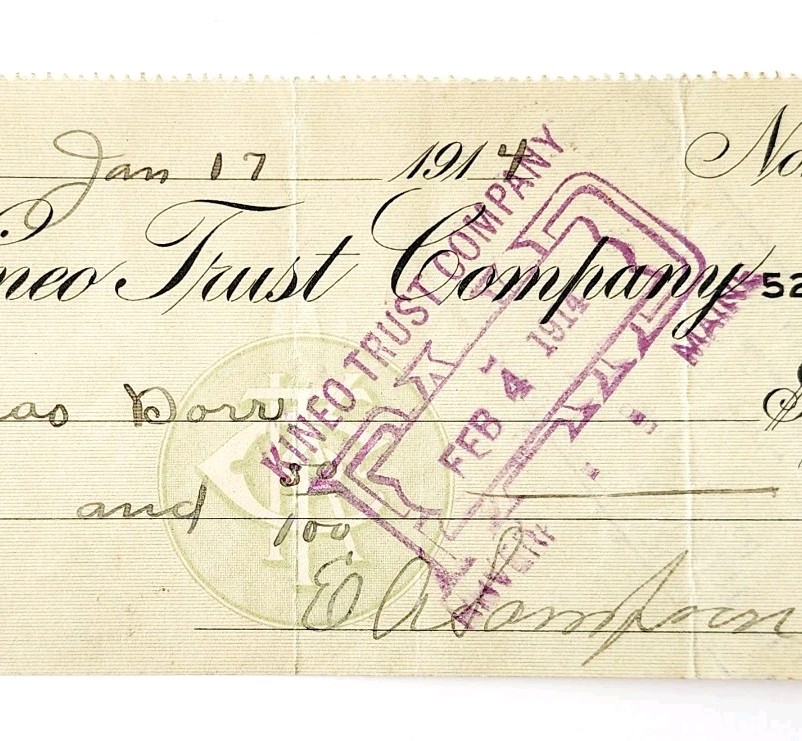 1914 Kineo Trust Company Bank Check E.A. Sampson Dover Maine Signed 5098 CHX9