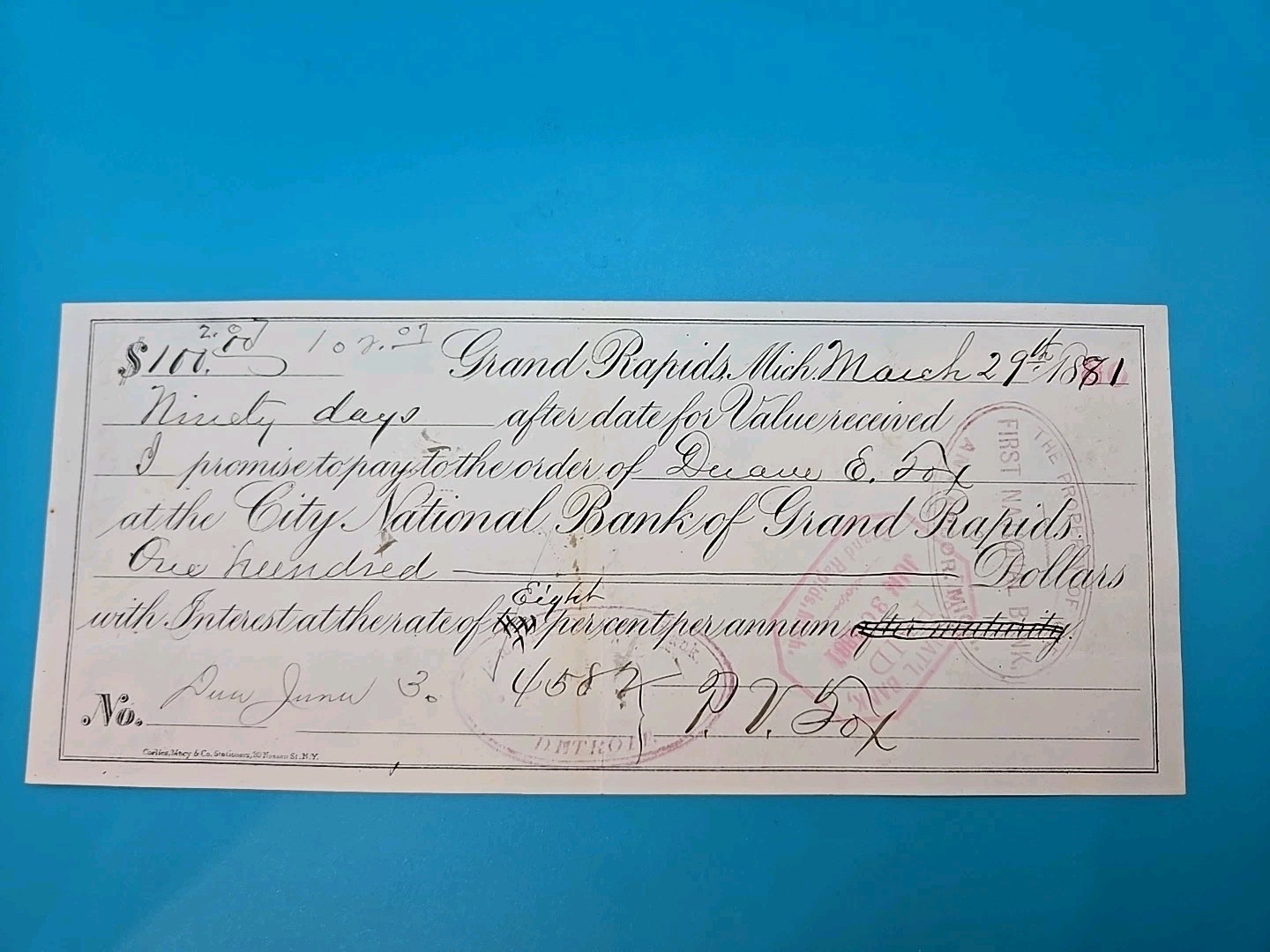 Vintage Rare 1881 Check City National Bank Grand Rapids Michigan MI