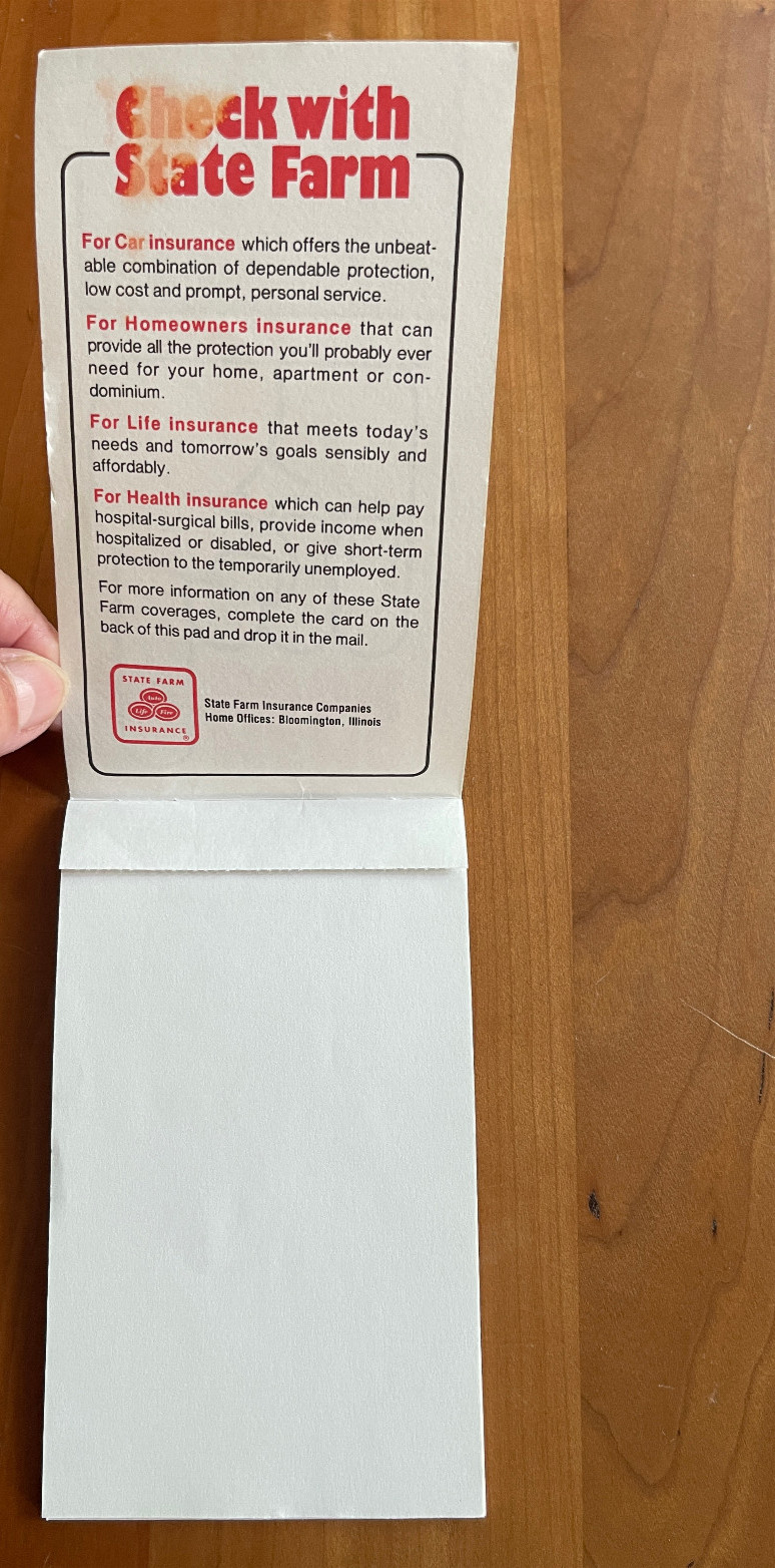 Vintage STATE FARM INSURANCE Advertising Memo Book Notepad 6 inch x 3.5 inch