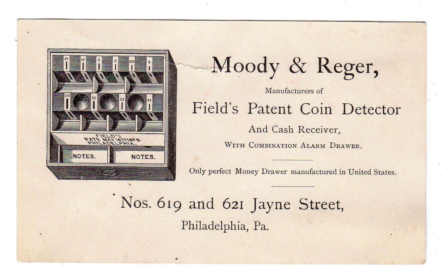 1878 ERA MOODY & REGER*FIELD’S PATENT COIN DETECTOR CASH RECEIVER*PHILADELPHIA