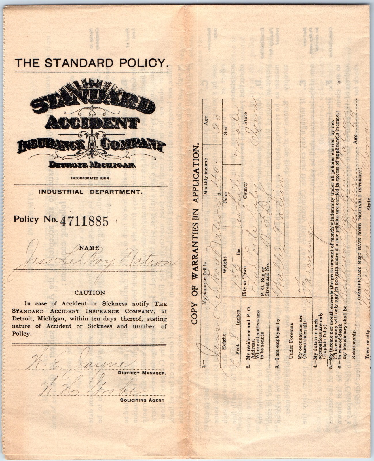 1909 Detroit Standard Accident Insurance Industrial Policy La Porte City Farm 5Q