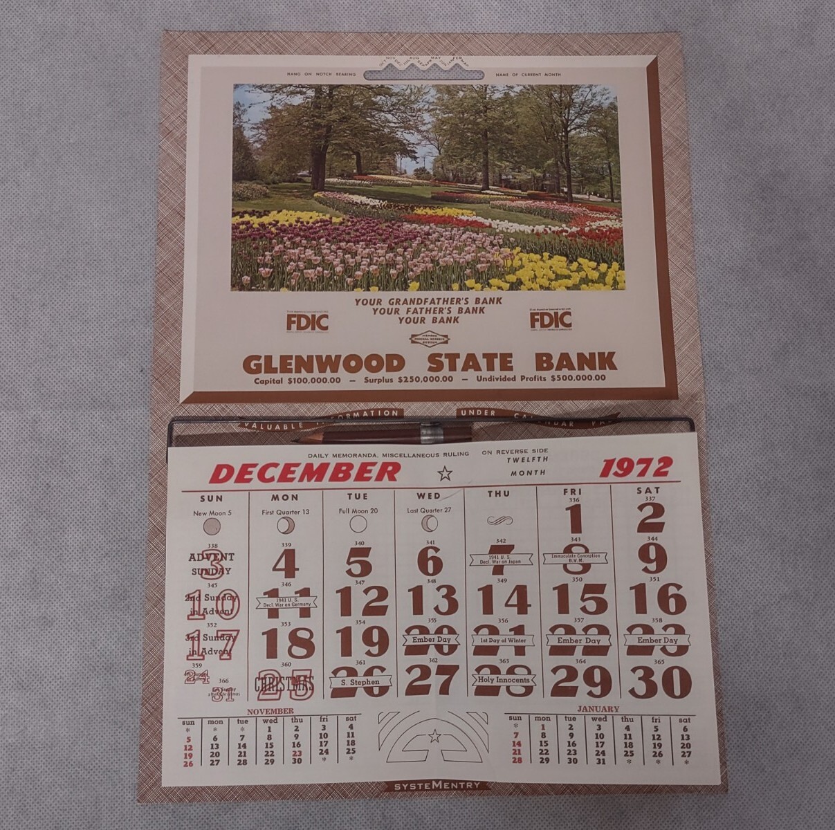 Glenwood Iowa State Bank 1972 Calendar New Systementry Book Calendar