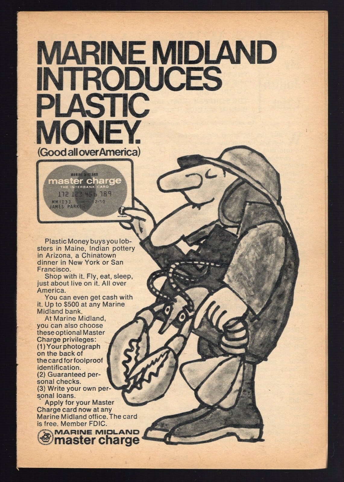 1969 PRINT AD MARINE MIDLAND MASTER CHARGE MASTERCARD PLASTIC MONEY Lobster