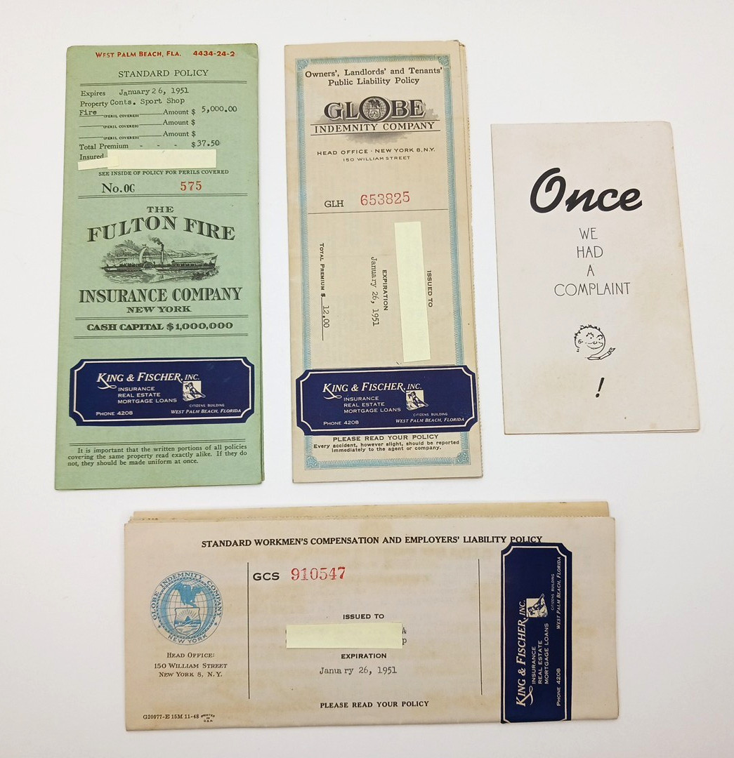 3 Vintage 1950 Business Insurance Policies for Shop on Worth Ave, Palm Beach, FL