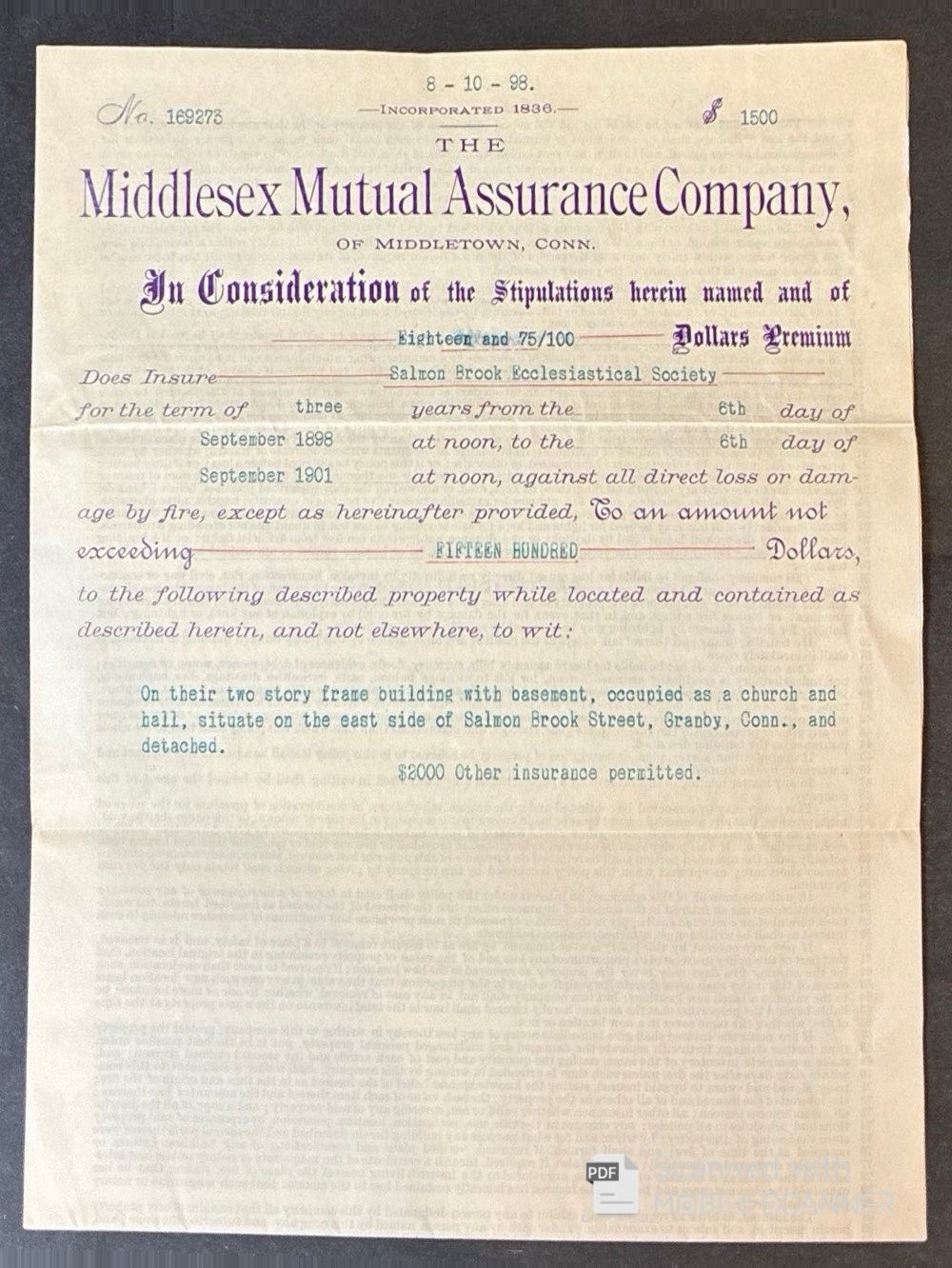 MIDDLESEX MUTUAL ASSURANCE CO. of MIDDLETOWN POLICY on Granby Church 1898-1901