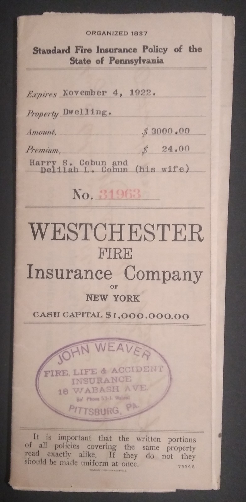 Rare Antique 1922 Westchester Fire Insurance Co. Of New York Policy