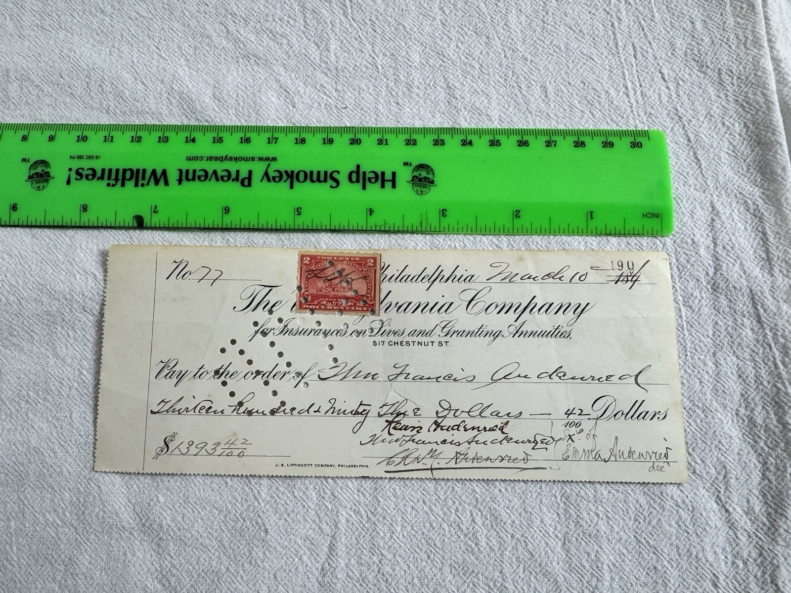 1901 Pennsylvania Company Life Insurance Note paid $1393.42 First National Bank