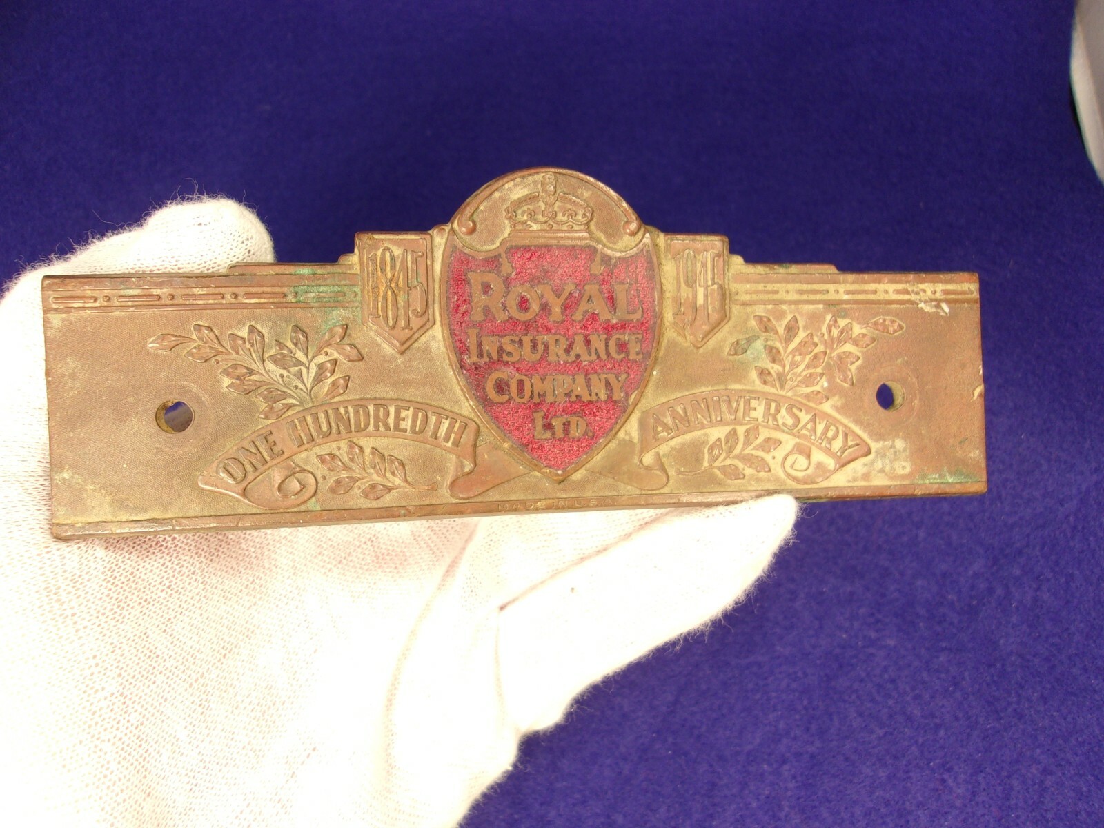 RARE VTG ANTIQUE BRASS 1845-1945 ROYAL INSURANCE Co, LTD 100th Anniv PAPERWEIGHT