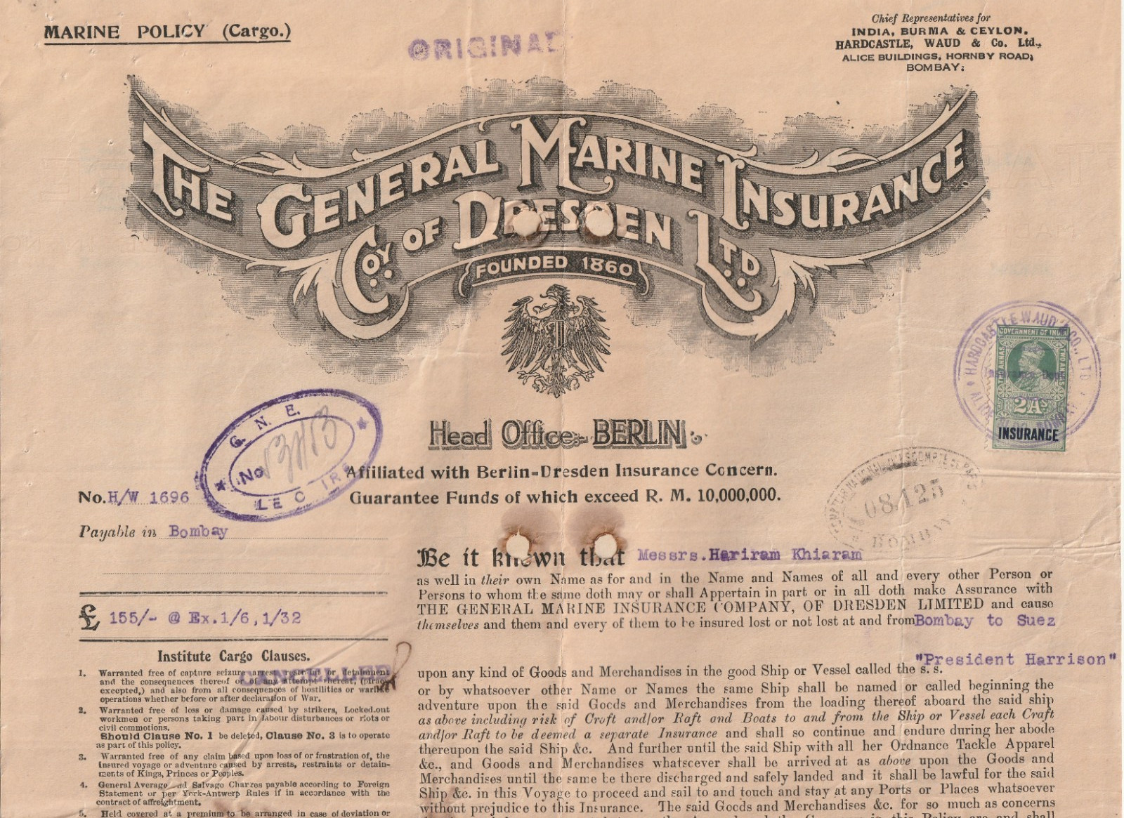 INDIA-ENGLAND Rare Insurance Policy Tied KGV British Colony Stamp 2A. 1934 *